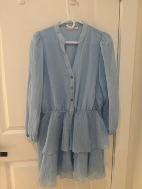 Light Blue Tiered Long Sleeve Babydoll Dress